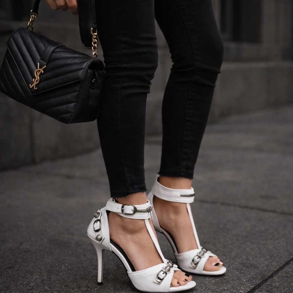 White Open Toe Studded Stiletto Sandals Zip Ankle Cuff Gunmetal Hardware Heels